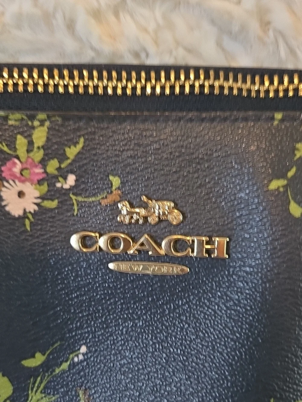 Coach Floral Print Black Leather Tote Bag With Large Gold Coach Tag